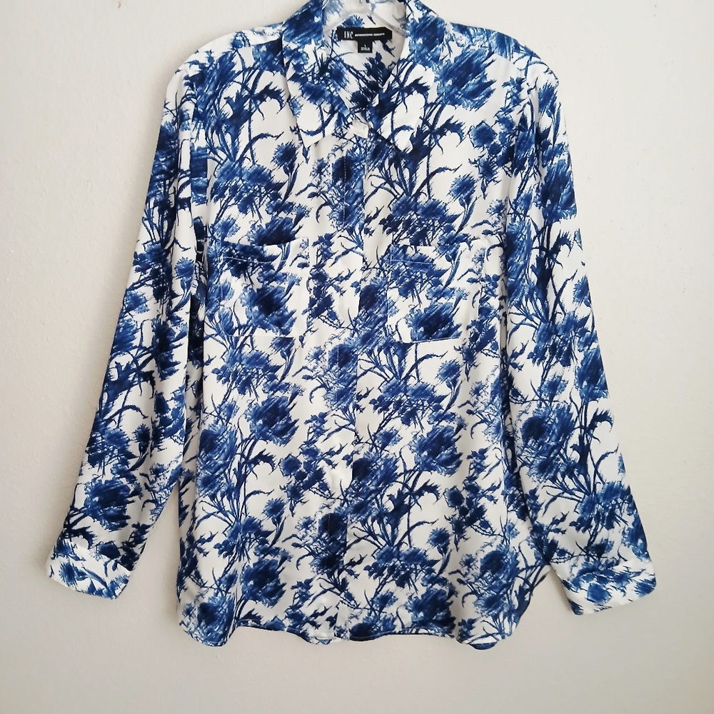 INC International Concepts Blue and White Blouse Top Womens Size Large Career
